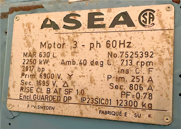2 Units - Asea 2250 Kw (3017 Hp) Motors, 713 Rpm)